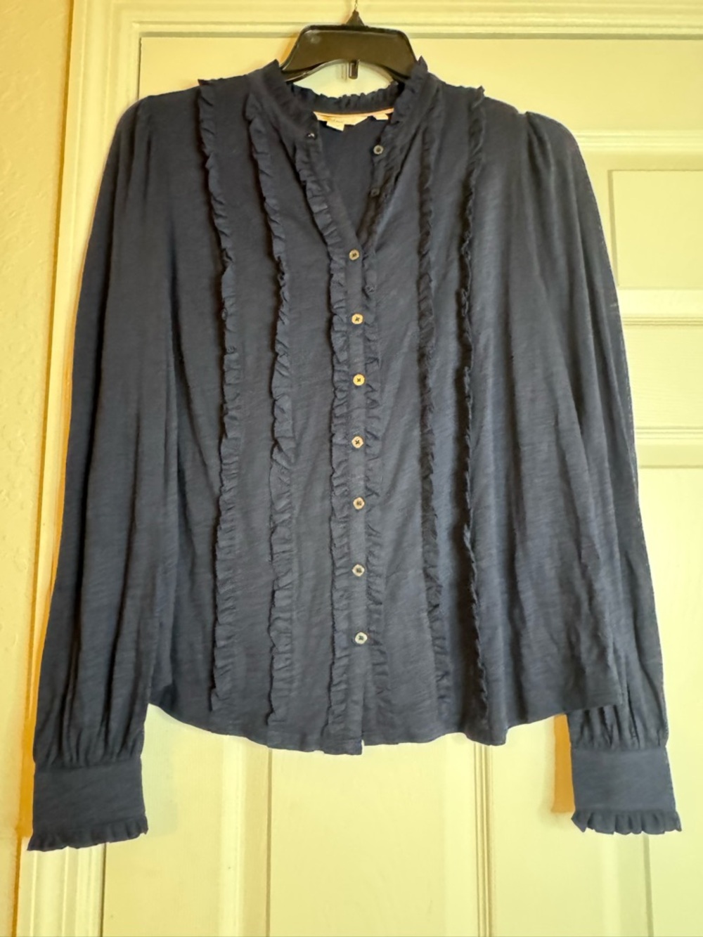 Boden Navy Ruffle-Front Long Sleeve Blouse